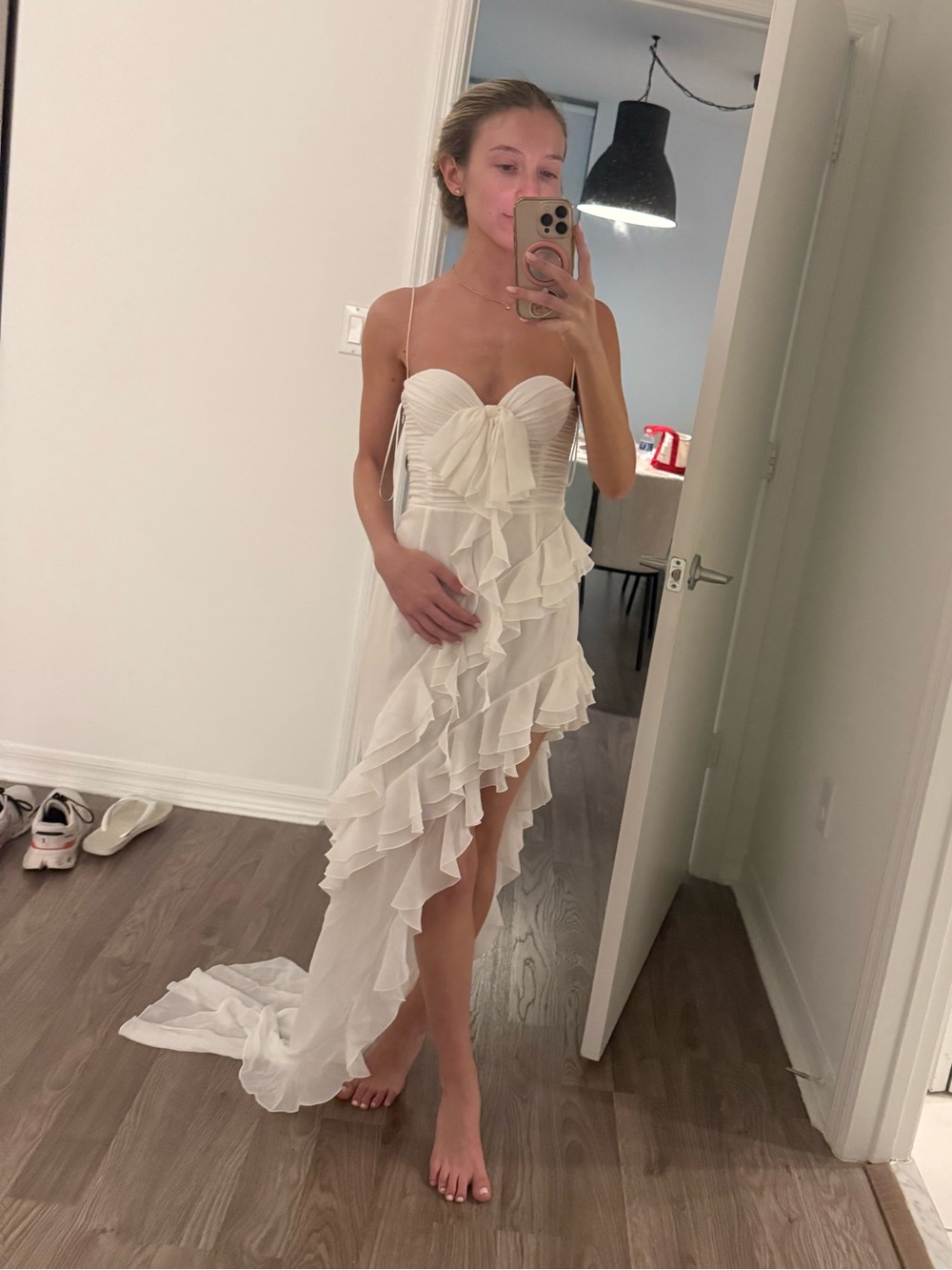 Elegant White Ruffled Spaghetti-Strap Evening Dress - Picture 2 of 5